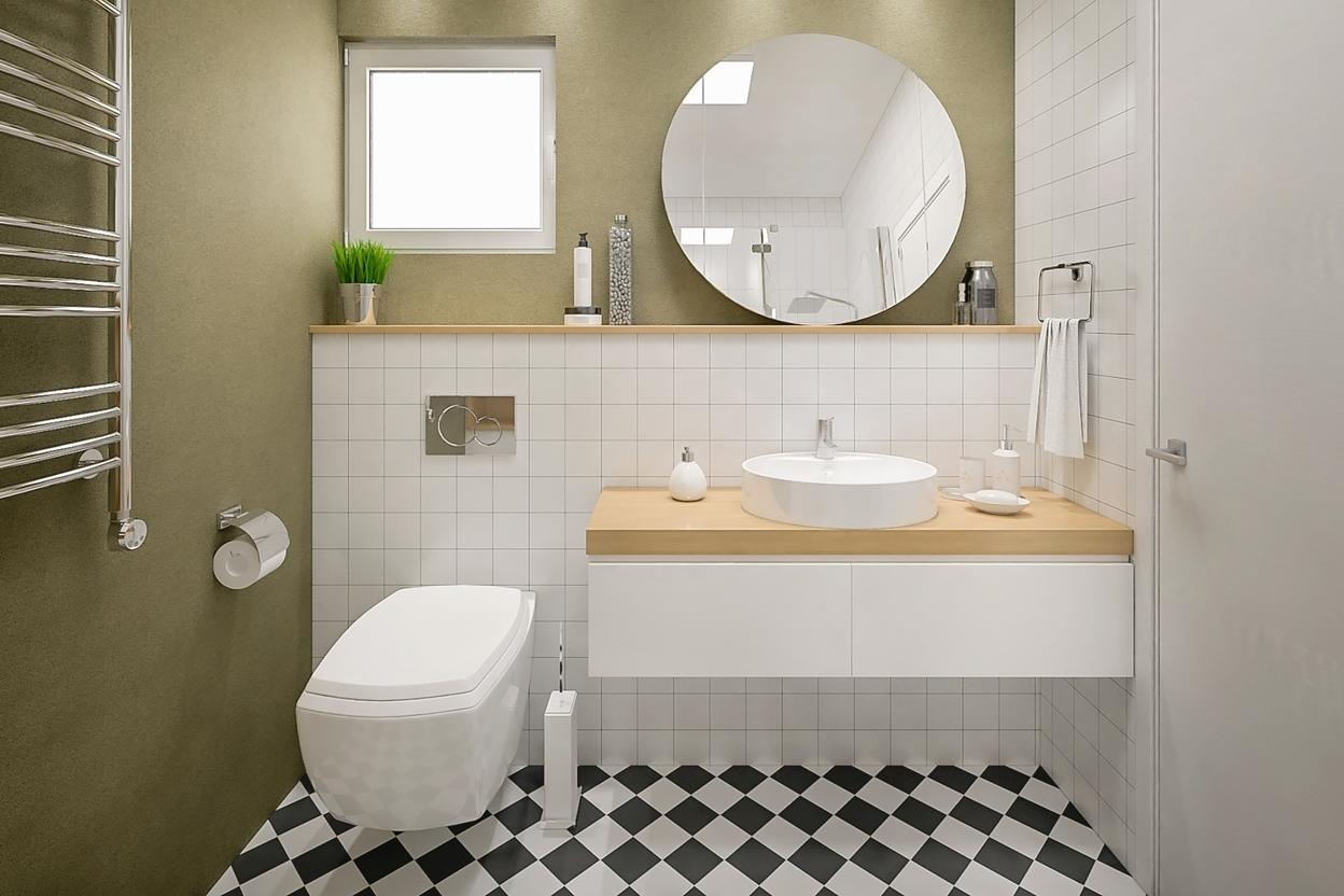 Schmaler weißer Waschtischunterschrank mit Echtholzplatte an khaki Wandfarbe mit rundem Spiegel.